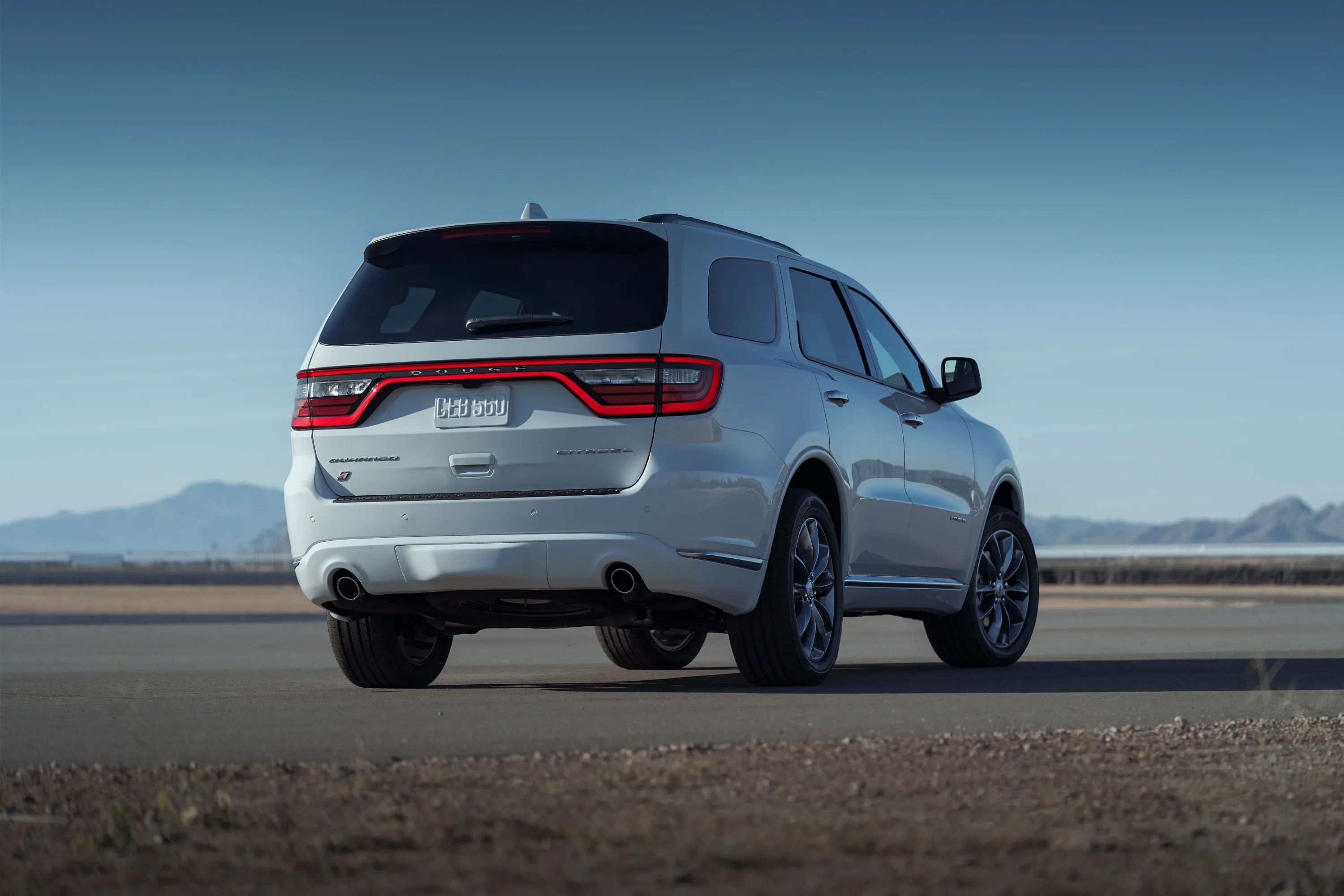 White 2024 Dodge Durango Rear Profile Photograph